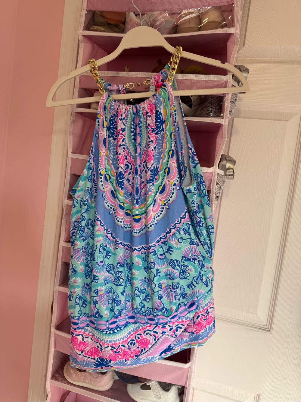 Lilly Pulitzer Blue Multi Floral Halter Tank with Gold Chain Straps
